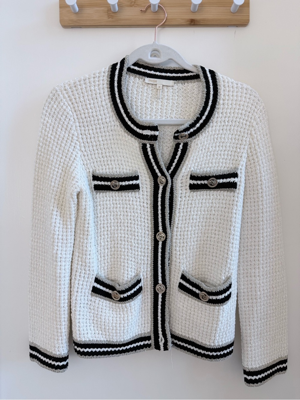 Maje White Knit Cardigan with Black and Silver Trim